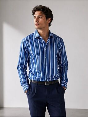 Bugatchi Uomo Shaped Fit Blue/White Stripe Cotton Shirt Sz XL Extra Long